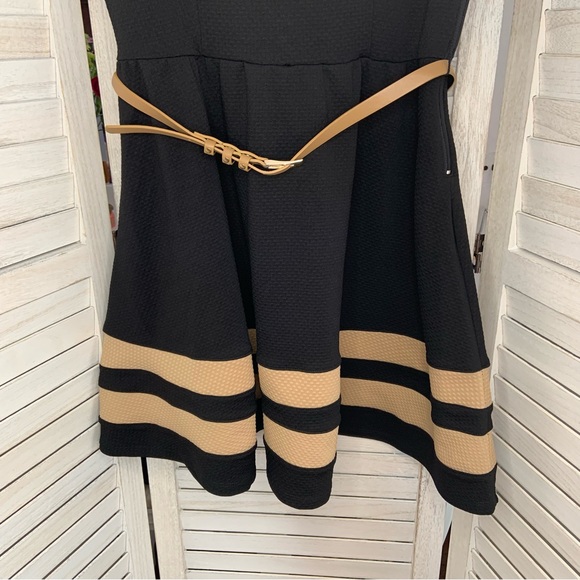 Sequin Hearts A Line Fit and Flare Belted Mini Dress Black and Tan Stripe 9 - Picture 6 of 11
